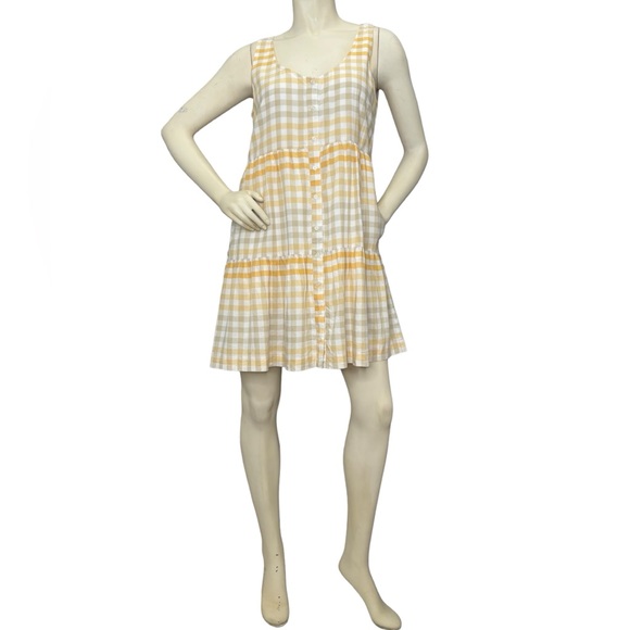 MADEWELL Yellow, White & Gray Plaid Button Down Sleeveless Tiered Ruffle Dress,M - Picture 2 of 16